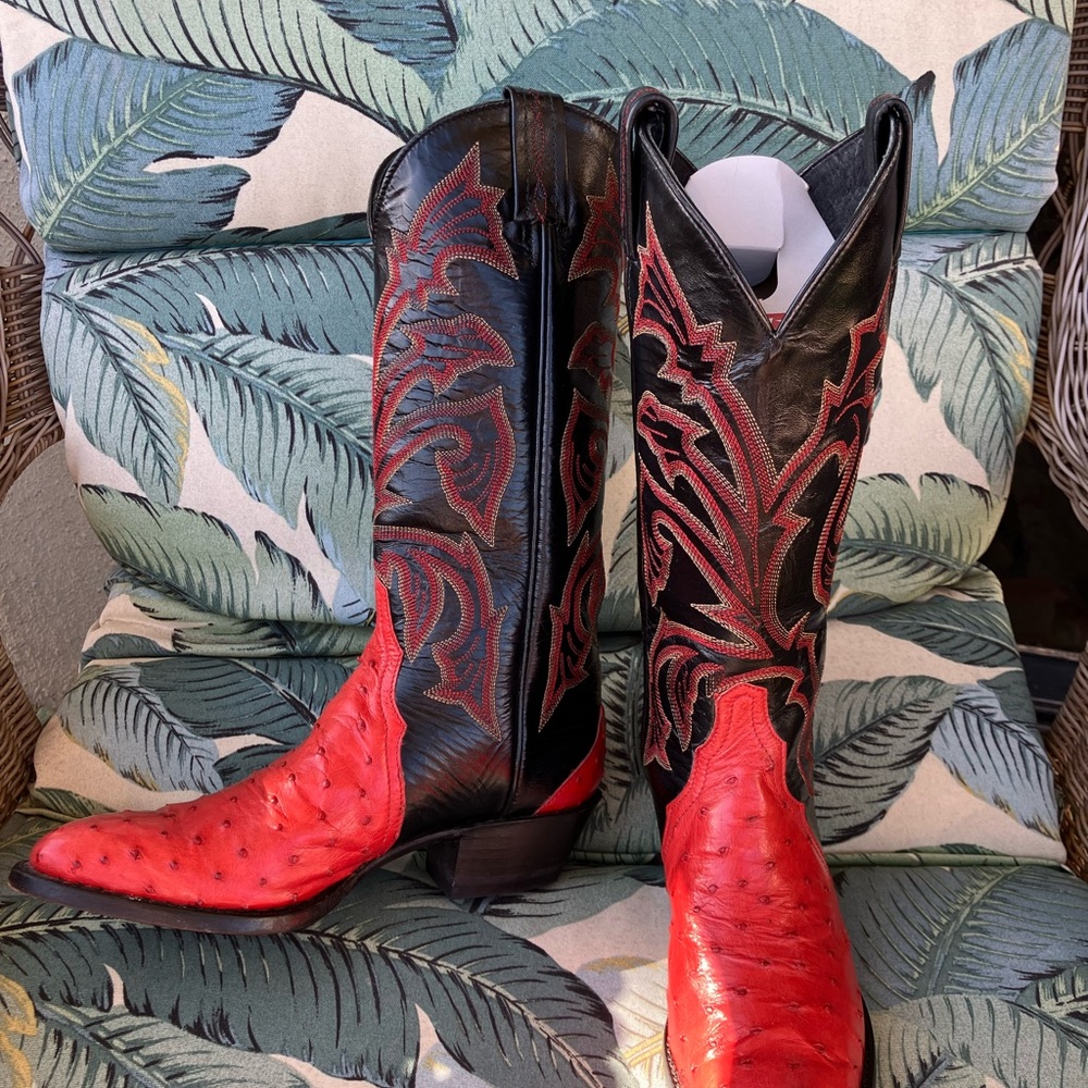 Red Ostrich Tony Lama, Excellent Carver Care Condition, Cowgirl Boots - Picture 3 of 7